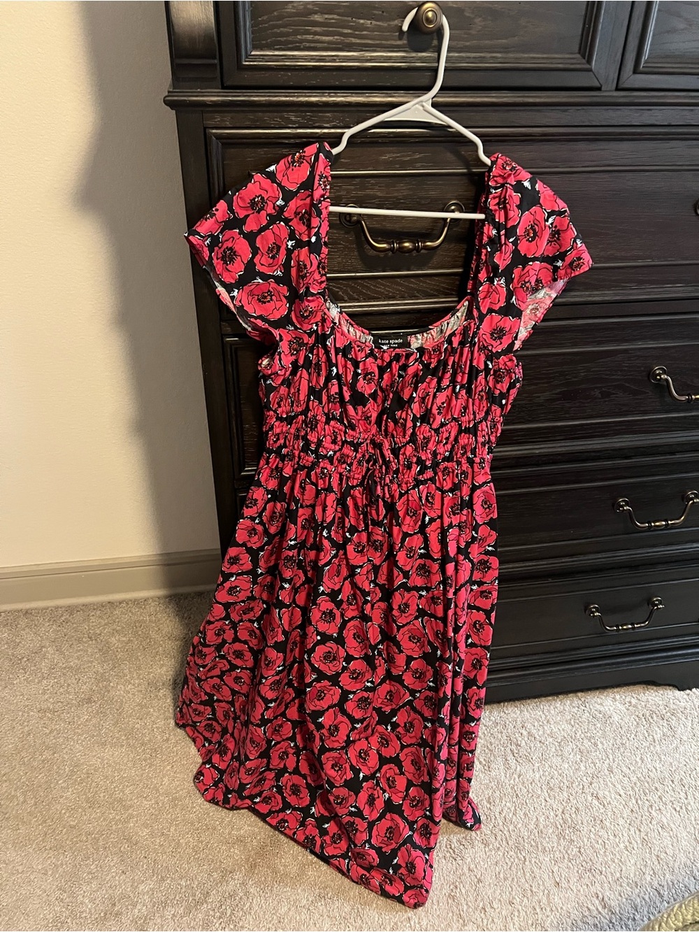 kate spade black midi dress with red floral print
